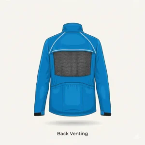 Detailed view of the back of a cycling-specific bicycle rain jacket, illustrating the mesh ventilation flap for improved airflow and moisture wicking.