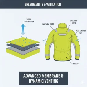Illustration showing the material layers and key ventilation zones of a breathable bike rain jacket, with vapor escaping.