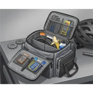 Interior view of an open bike back rack bag filled with cycling essentials.