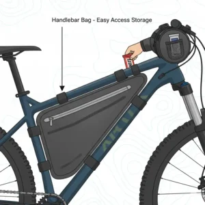 Illustration of a front-loading handlebar mountain bike bag for long-distance touring.