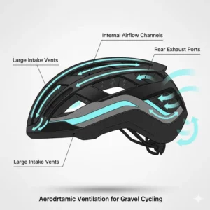 Diagram showing the strategic ventilation ports and airflow of a gravel bike helmet.