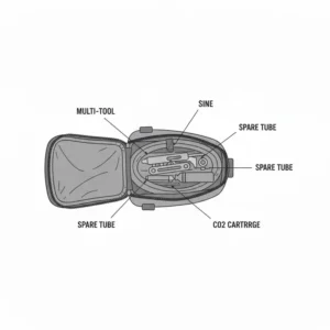 Top view illustration of essential tools packed inside a saddle bag bike compartment.