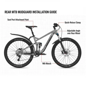 Detailed diagram illustrating the correct attachment points and angle for installing a universal rear mtb mudguard to the seat post for maximum coverage.