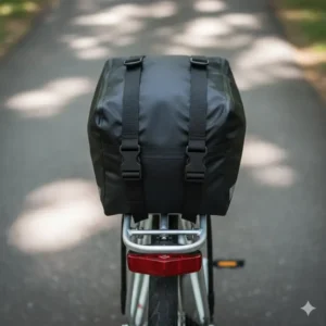 An overhead view of a rear carrier holding a compact trunk bag, demonstrating the versatility of a bike rack bike bag system.