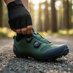 A cyclist adjusting the BOA dial closure system for a secure and customized fit on their gravel cycling shoes.