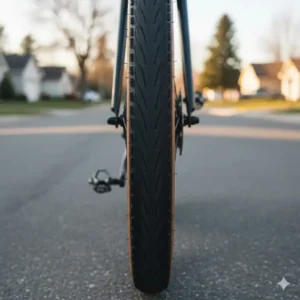 Close-up view of high-volume road 650b tires, highlighting the increased air cushion for superior comfort.