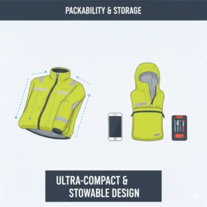 A lightweight bike rain jacket folded and stuffed into its own compact storage pocket or pouch, demonstrating packability.