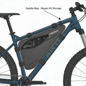 A compact saddle mountain bike bag designed to carry emergency repair kits and spare tubes.