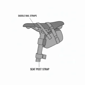 Detailed diagram showing the strap system of a saddle bag bike attached to the seat rails.