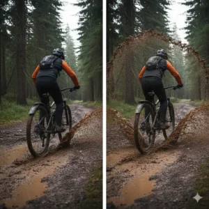 Side-by-side comparison showing the effective splatter protection offered by an mtb mudguard on the left, compared to the mud spray on the unprotected bike on the right.