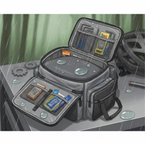 Rain droplets bead off the durable fabric of a water-resistant bike back rack bag.