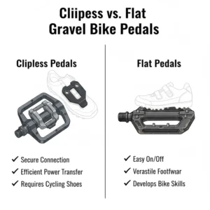 Comparison image highlighting the key differences between clipless and flat gravel bike pedals.