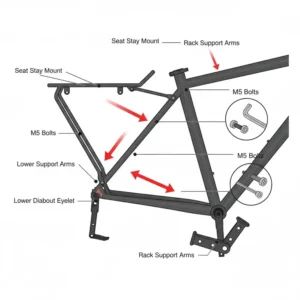 A technical diagram illustrating the proper bolt and mounting points for installing a secure bike rack bike bag frame onto a bicycle.