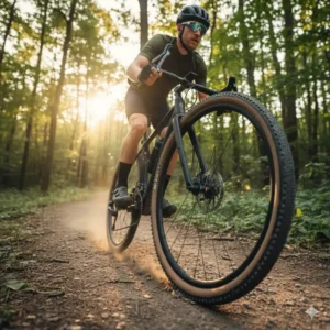 A cyclist riding on a dirt path, showcasing the stability and grip of 650b tires for gravel.