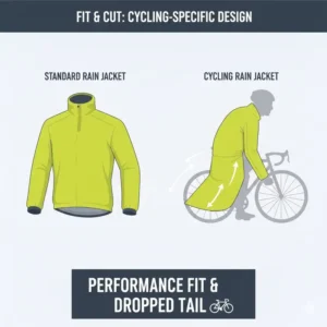 Comparison illustrating the difference between a standard rain jacket and an extended-tail, cycling-specific cut bike rain jacket.