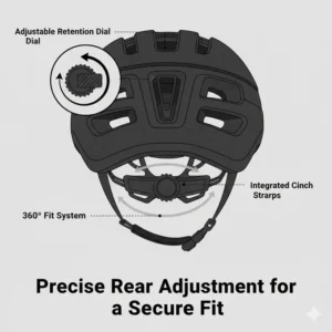 Close-up view of the rear dial adjustment system on a comfortable gravel bike helmet.