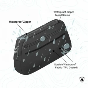 Demonstration of the waterproof fabric used in a premium mountain bike bag to protect gear from rain.