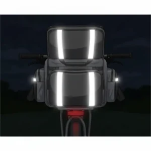 Rear view of a bike back rack bag featuring high-visibility reflective strips for safety.