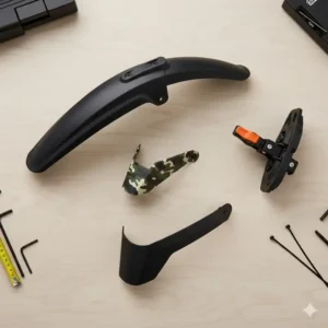 A variety of mtb mudguard styles laid out, including long downhill fenders, minimalist guards, and clip-on options for different riding conditions.