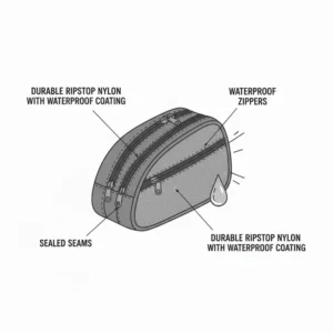 Illustration of the weather-resistant fabric and zippers on a waterproof saddle bag bike.