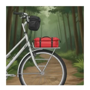 A touring bike with a front bike rack bike bag (dry bag) attached, showing alternative storage options besides the rear.