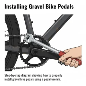 Step-by-step image showing how to properly install new gravel bike pedals using a pedal wrench.