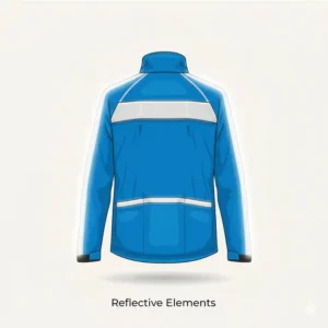 Image showing the reflective strips or piping on a bicycle rain jacket, designed for high-visibility and safety in low-light conditions.