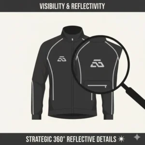 Close-up showing the strategically placed reflective piping and logos on a black bike rain jacket for low-light visibility.