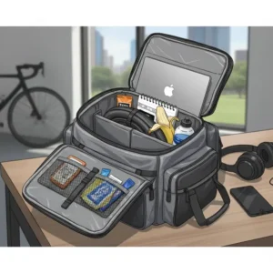 A sleek bike back rack bag designed for commuting containing a laptop and supplies.