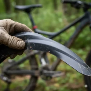 A close shot highlighting the durable and flexible plastic material used to manufacture a lightweight yet robust mtb mudguard designed for aggressive trail riding.