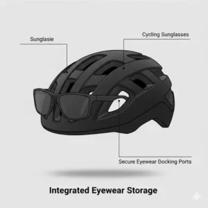 Illustration showing how to store sunglasses in the dedicated vents of a gravel bike helmet