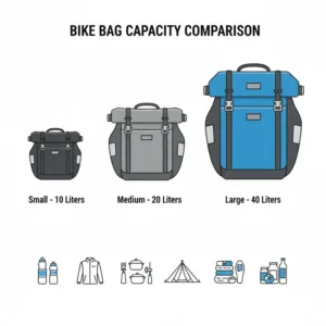 A visual comparison showing three different sizes of touring bags to illustrate the capacity of a bike rack bike bag system.