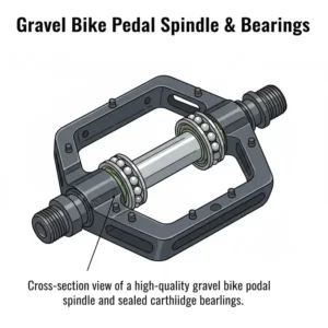 Cross-section view of a high-quality spindle and sealed cartridge bearings within the gravel bike pedals.