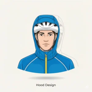 A functional hood on a bicycle rain jacket that is either designed to fit over a cycling helmet or to stow neatly into the collar.