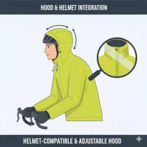Illustration of a hood that is designed to fit comfortably over a cycling helmet, a key feature of a technical bike rain jacket.