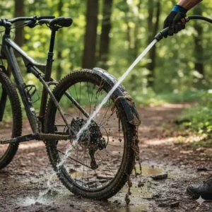 A mountain biker easily hosing off mud and dirt from their quick-release mtb mudguard after a wet ride, emphasizing the simple cleaning process.