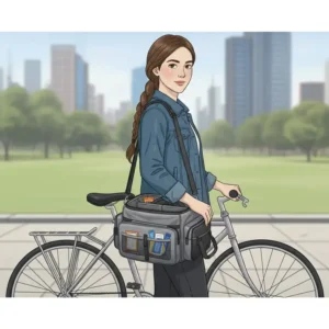 A cyclist carrying a bike back rack bag as a shoulder bag using the detachable strap.