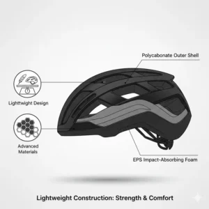 A graphic breakdown of the lightweight EPS foam and shell of a gravel bike helmet.