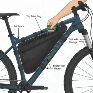 A slim top tube mountain bike bag positioned for quick access to snacks and electronics.
