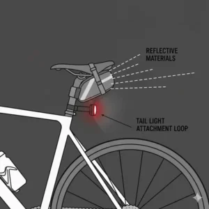 Illustration of reflective strips and light loops on a high-visibility saddle bag bike.