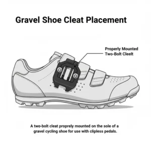 A two-bolt cleat properly mounted on a shoe for use with gravel bike pedals.