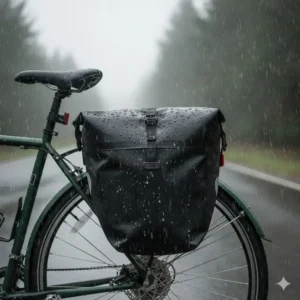 A shot showing the durable, fully sealed material of a waterproof bike rack bike bag in a light rain shower to highlight its protection.