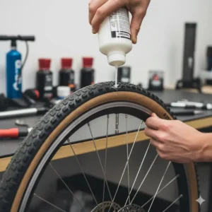 Mechanic installing a tubeless system on a set of 650b tires, showing the sealant application process.