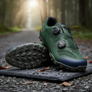 Close-up of the upper section of a pair of gravel cycling shoes, showing strategic ventilation ports for airflow and comfort.