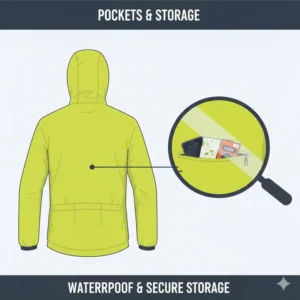 Detail view of a waterproof zippered pocket on the back of a bike rain jacket, ideal for securing essentials while riding.