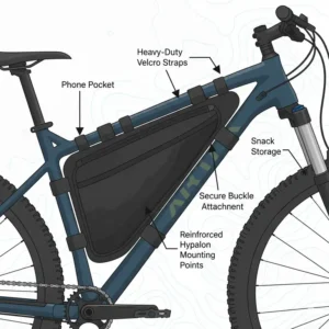Close-up illustration of the heavy-duty attachment system securing a mountain bike bag to the frame.