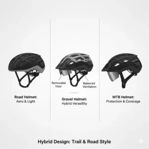 An illustration comparing the hybrid road and mountain style of a modern gravel bike helmet