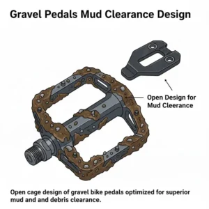 Open cage design of gravel bike pedals optimized for superior mud and debris clearance.