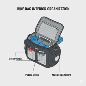 A view of the open interior of the bag showing organizational features and compartments perfect for a bike rack bike bag.