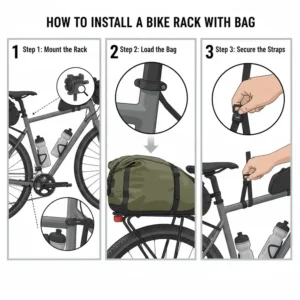 Technical diagram showing the step-by-step process to securely mount a bike rack with bag to a bicycle frame.